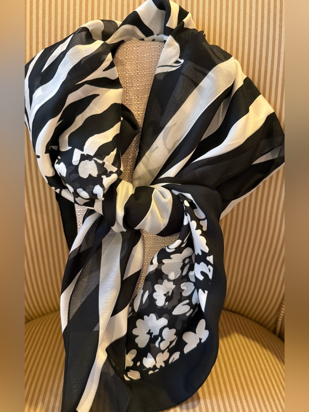 Vintage Mixed Pattern Square Scarf Black & White Made in Italy Zebra Floral